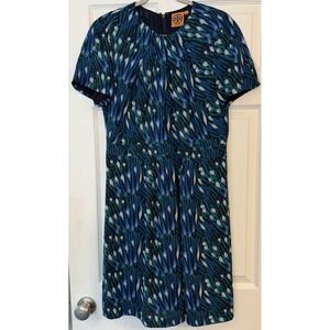 Tory Burch 100% Silk Dress 12 Blue Green Watercolor Knee Length Career Lined EUC